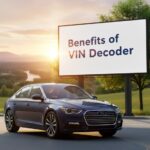 A blue sedan car is parked on a city street next to a large billboard. The billboard displays the centered text "Benefits of VIN Decoder" in large, dark blue letters, filling most of the white board. The background features modern high-rise buildings and green trees under bright, sunny conditions.