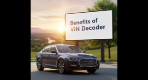 A blue sedan car is parked on a city street next to a large billboard. The billboard displays the centered text "Benefits of VIN Decoder" in large, dark blue letters, filling most of the white board. The background features modern high-rise buildings and green trees under bright, sunny conditions.