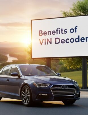 A blue sedan car is parked on a city street next to a large billboard. The billboard displays the centered text "Benefits of VIN Decoder" in large, dark blue letters, filling most of the white board. The background features modern high-rise buildings and green trees under bright, sunny conditions.