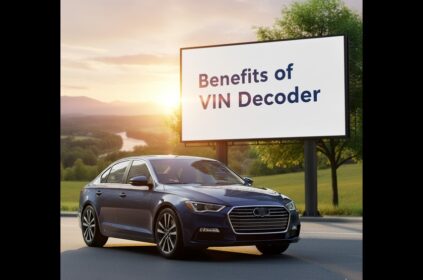 A blue sedan car is parked on a city street next to a large billboard. The billboard displays the centered text "Benefits of VIN Decoder" in large, dark blue letters, filling most of the white board. The background features modern high-rise buildings and green trees under bright, sunny conditions.