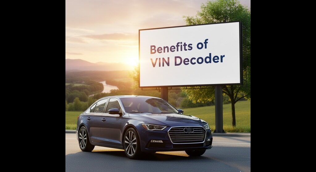 A blue sedan car is parked on a city street next to a large billboard. The billboard displays the centered text "Benefits of VIN Decoder" in large, dark blue letters, filling most of the white board. The background features modern high-rise buildings and green trees under bright, sunny conditions.