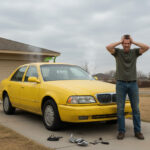 A frustrated man stands next to a bright yellow car, with his hands on his head. The car appears to be in disrepair, with smoke coming out of the hood, and several car parts scattered on the ground beside it. The scene takes place outside a house under a cloudy sky.