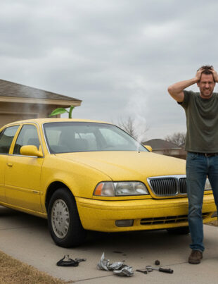 A frustrated man stands next to a bright yellow car, with his hands on his head. The car appears to be in disrepair, with smoke coming out of the hood, and several car parts scattered on the ground beside it. The scene takes place outside a house under a cloudy sky.
