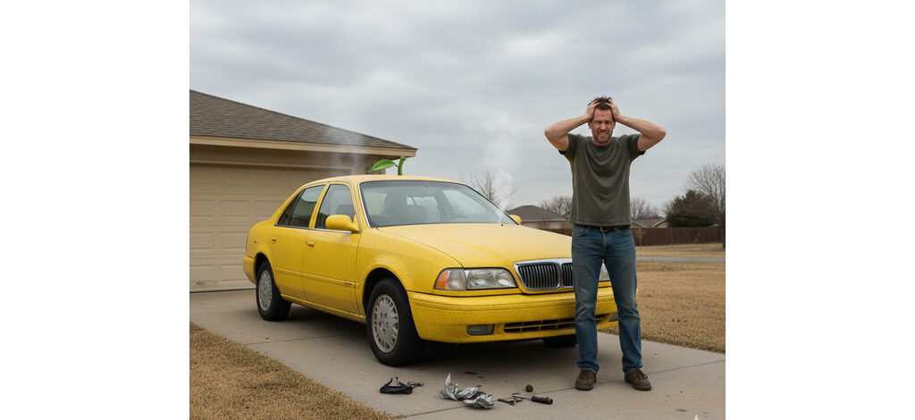 A frustrated man stands next to a bright yellow car, with his hands on his head. The car appears to be in disrepair, with smoke coming out of the hood, and several car parts scattered on the ground beside it. The scene takes place outside a house under a cloudy sky.